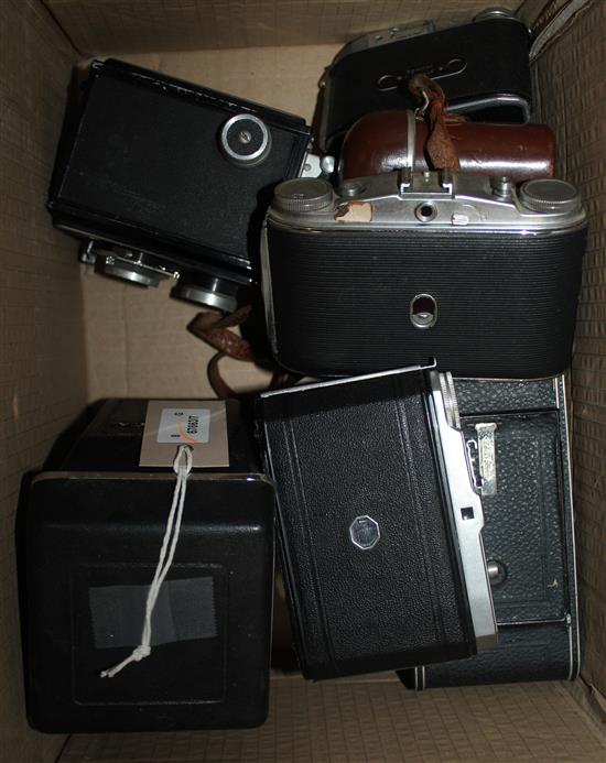 Eight vintage cameras, inc Yashica-Mat TLR, Zeiss Ikon bellows, Super Ikonta etc
